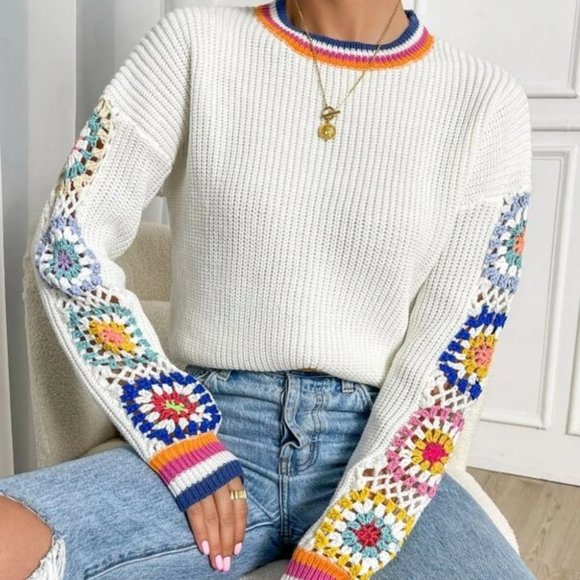 Floral Print Crochet Knit Sweater Top - Picture 2 of 5